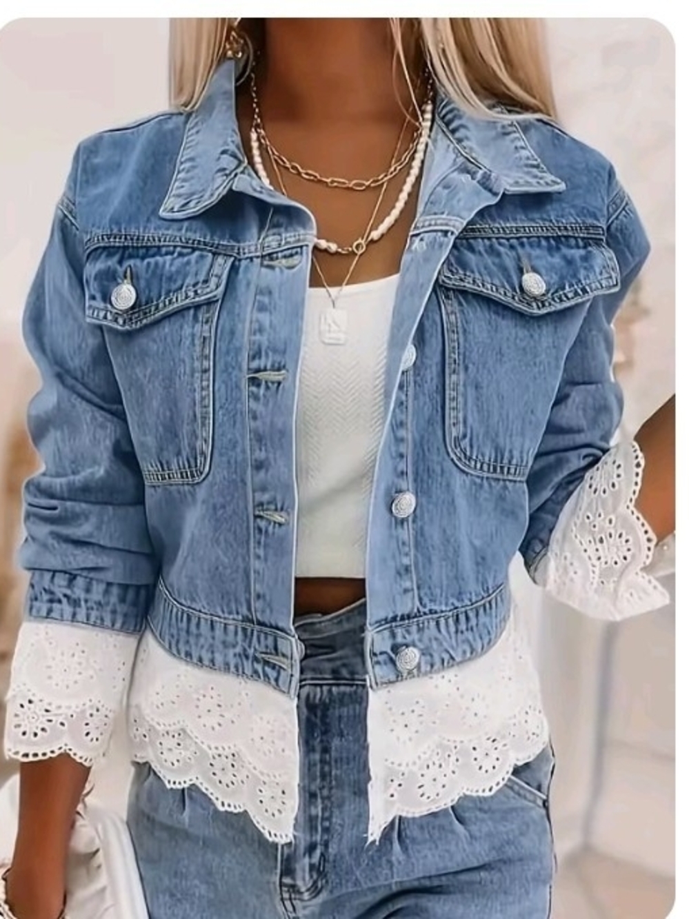 Light Blue Cropped Denim Jacket with White Eyelet Hem